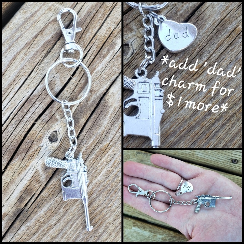 Machine Gun Keychain Clip OPTIONAL 'dad' Heart ~Military~Father's Day~Army